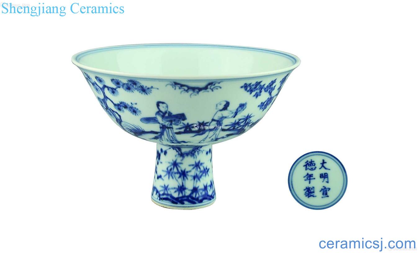 Blue and white footed bowl "shochiku mei"