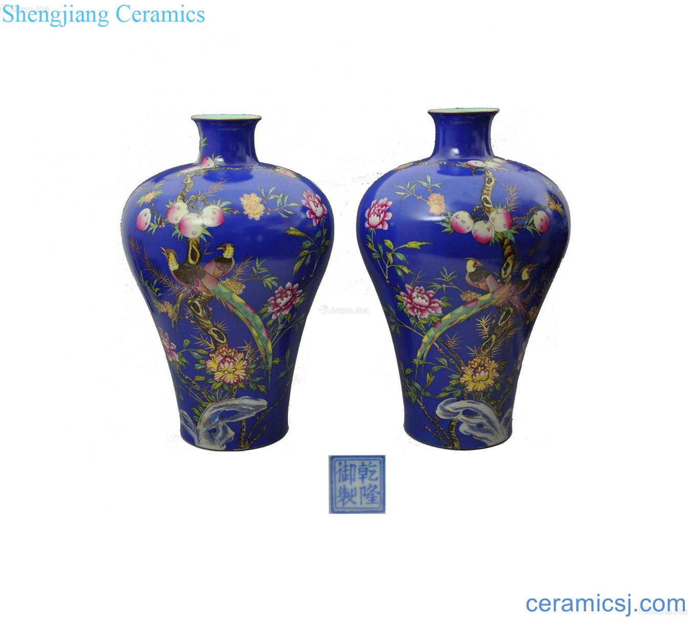 Blue colored enamel plum bottle (a)