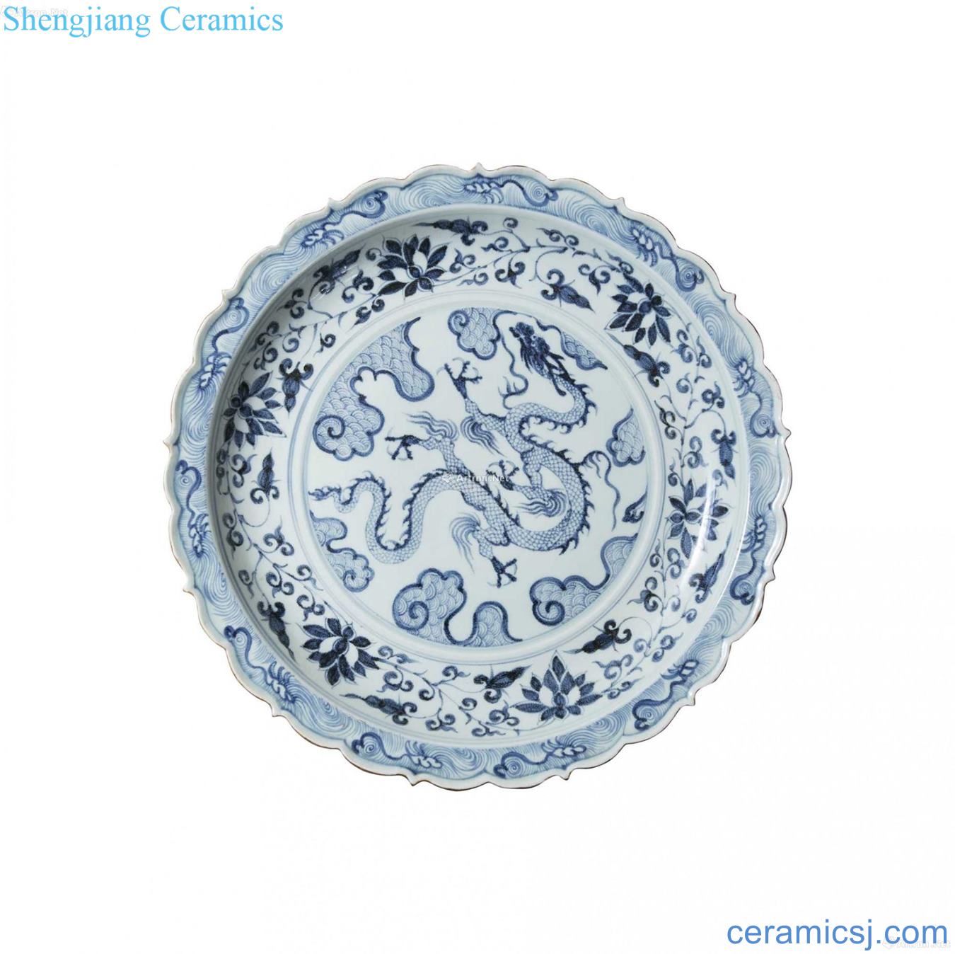 Blue and white YunLongWen zijin glaze lotus grain kwai mouth tray