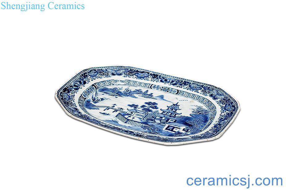 In late qing dynasty Blue and white castle square plate