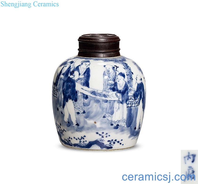 Mid qing Blue and white akiyama painting lines canister