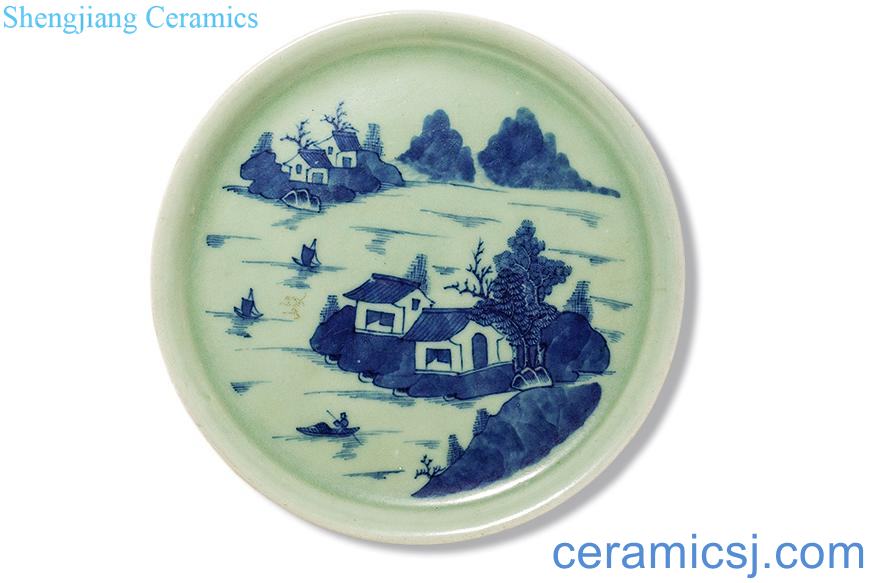 In late qing dynasty Blue and white landscape tray