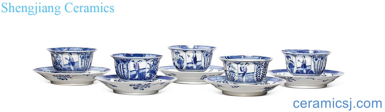 The qing emperor kangxi Blue and white kwai flower character lines cup mouth even Joe (five sets of ten)