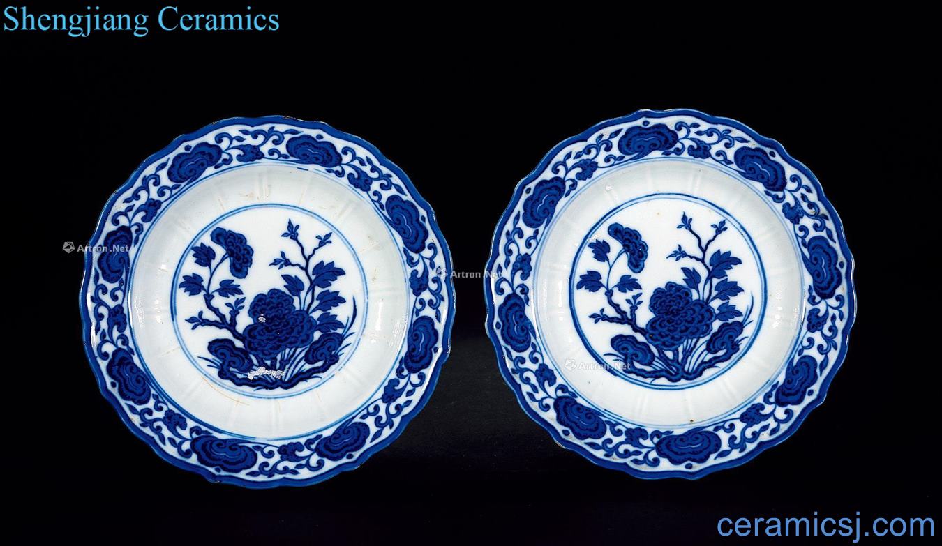 Qing qianlong Blue and white ganoderma lucidum flowers wen ling mouth plate (a)