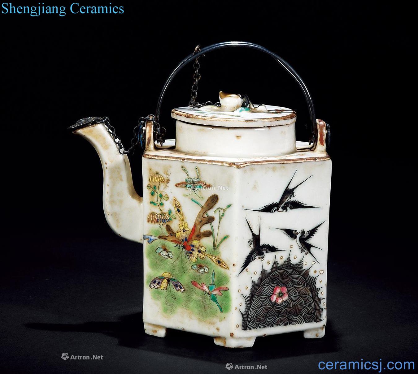 Pastel flower butterfly reign of qing emperor guangxu haiyan lines hexagonal teapot