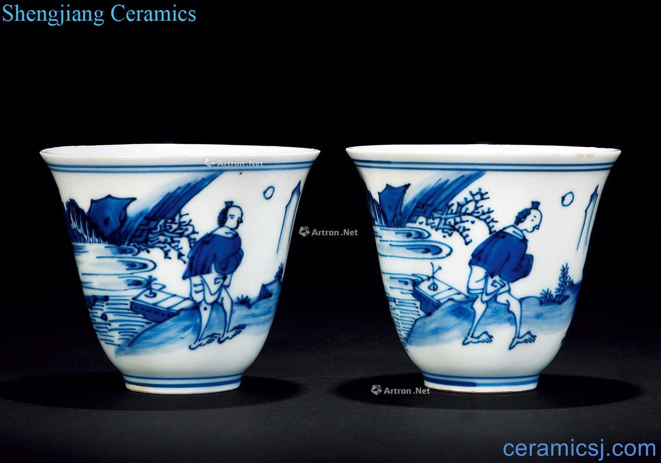 qing Blue and white landscape character cup (a)