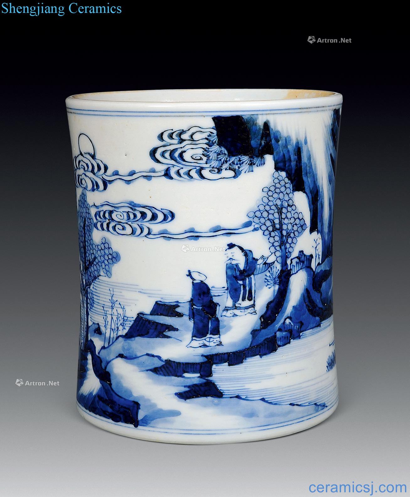 qing Blue and white landscape character brush pot