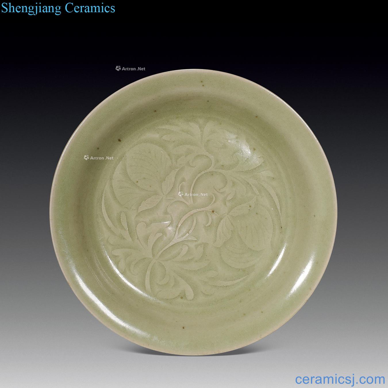 Ming or earlier Green glaze carved small dish