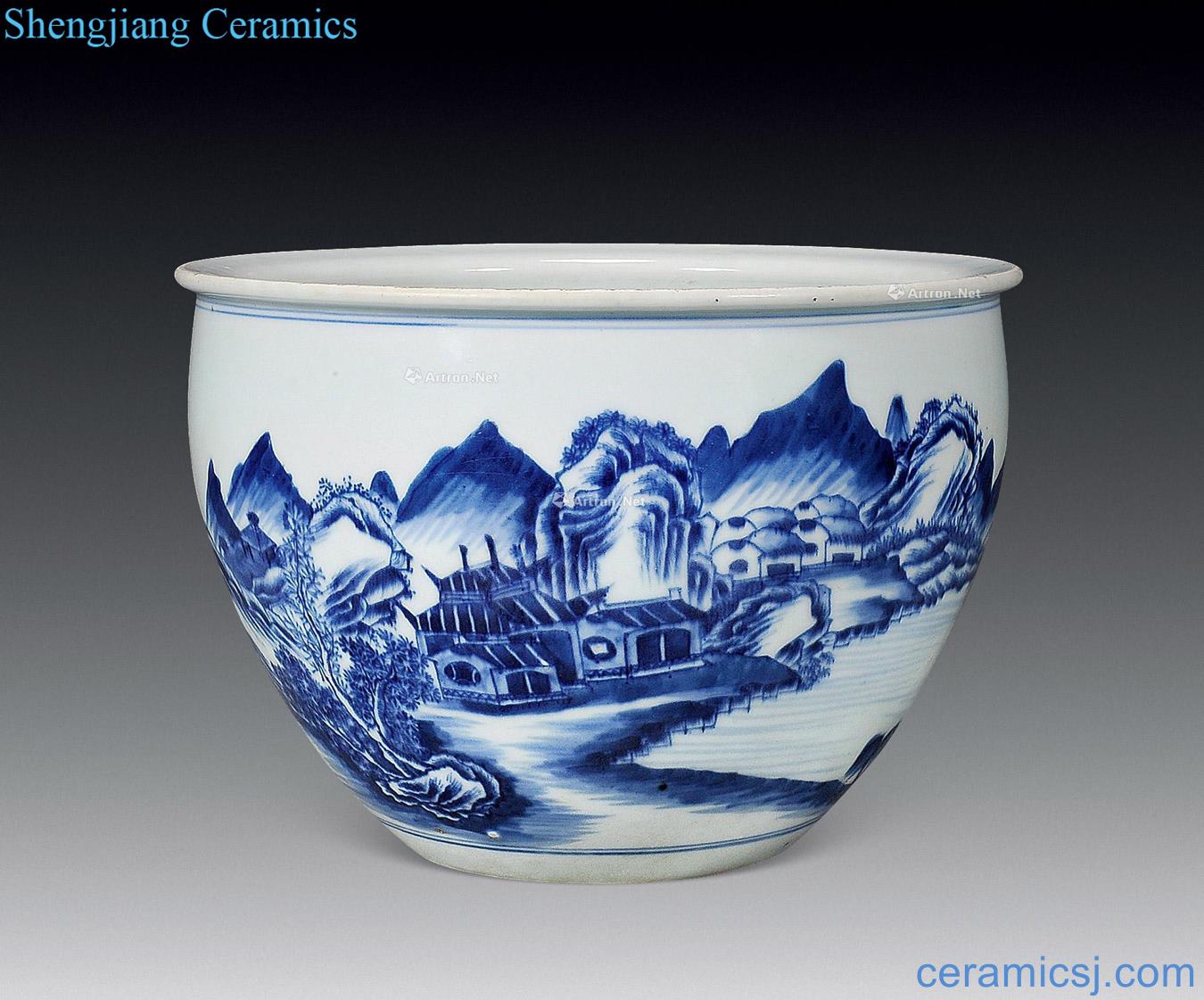 Qing qianlong Blue and white landscape character fish tank