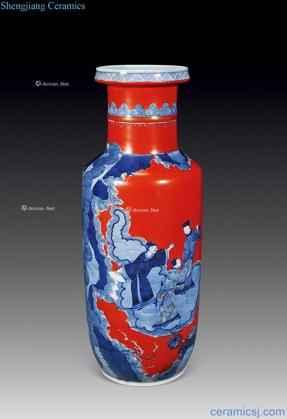 Qing guangxu Coral red to blue and white figures show