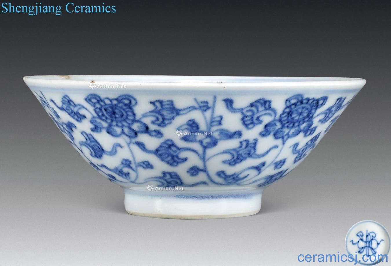 Qing qianlong Blue and white tie up branch flowers small bowl