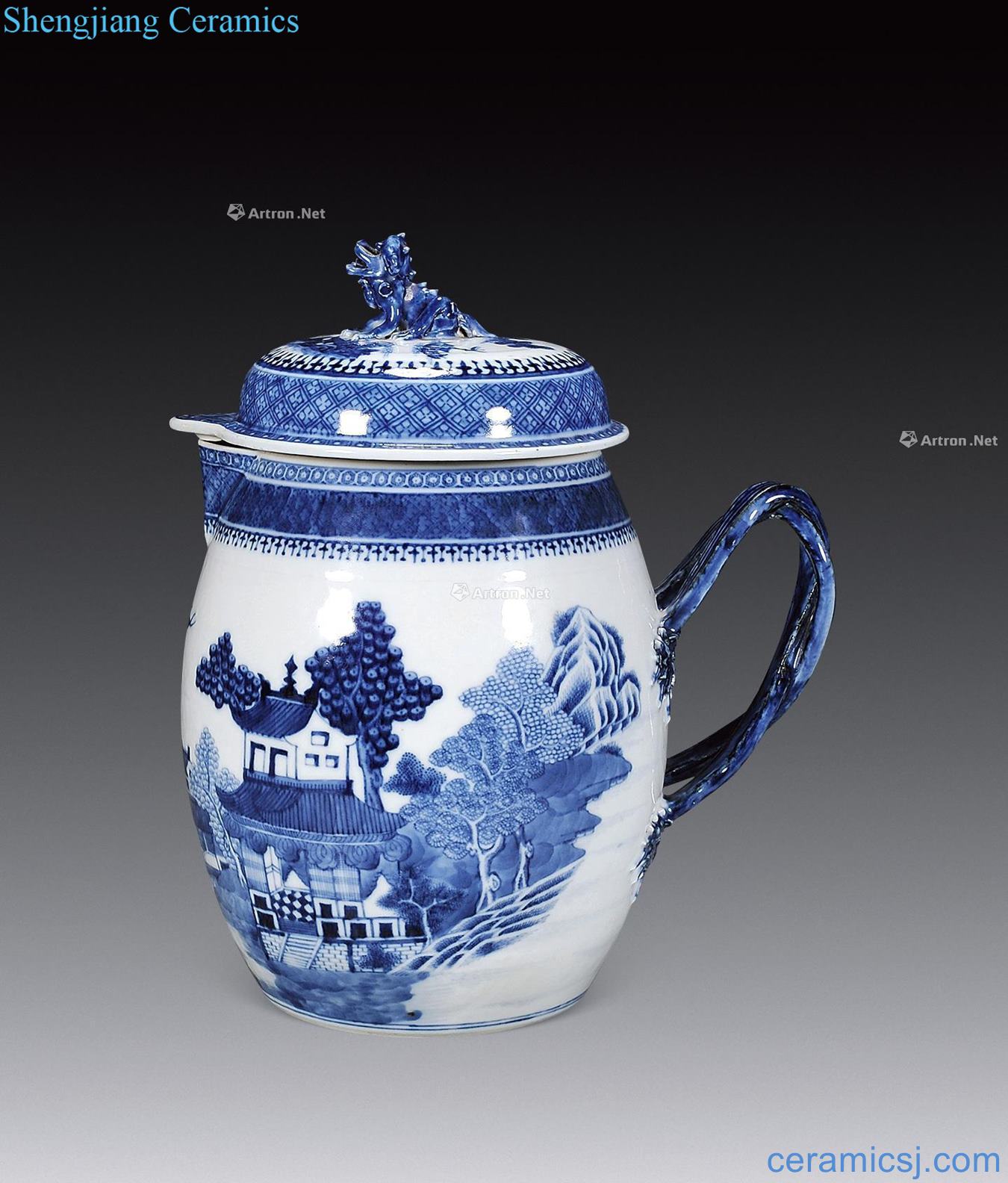 Mid qing Blue and white lion button GaiHu landscapes