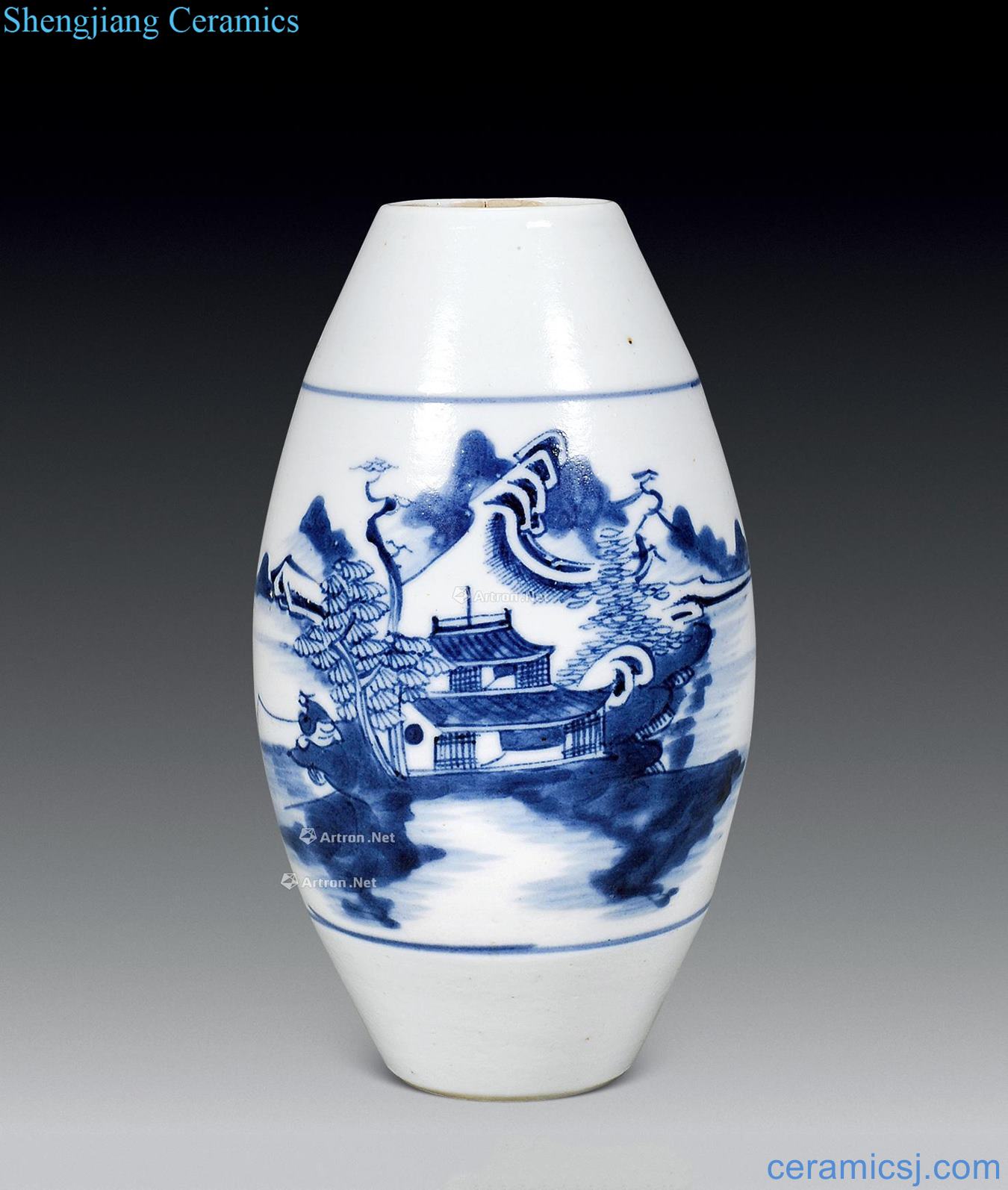 Qing qianlong Blue and white landscape character olive bottle