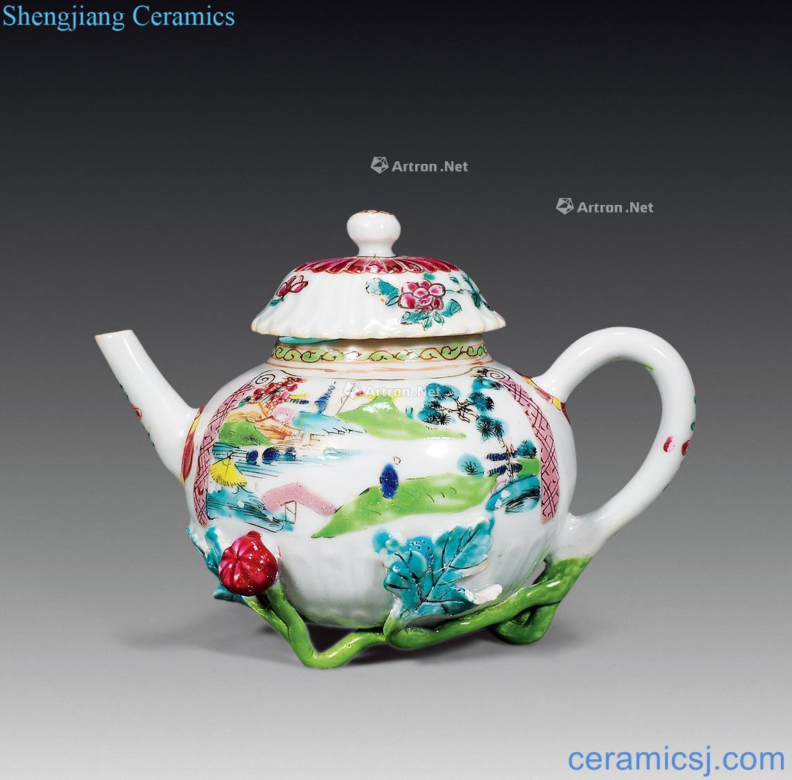 Qing qianlong enamel pot of melon shape the landscape characters