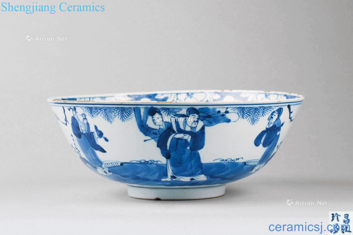 In the qing dynasty Blue and white landscape character green-splashed bowls