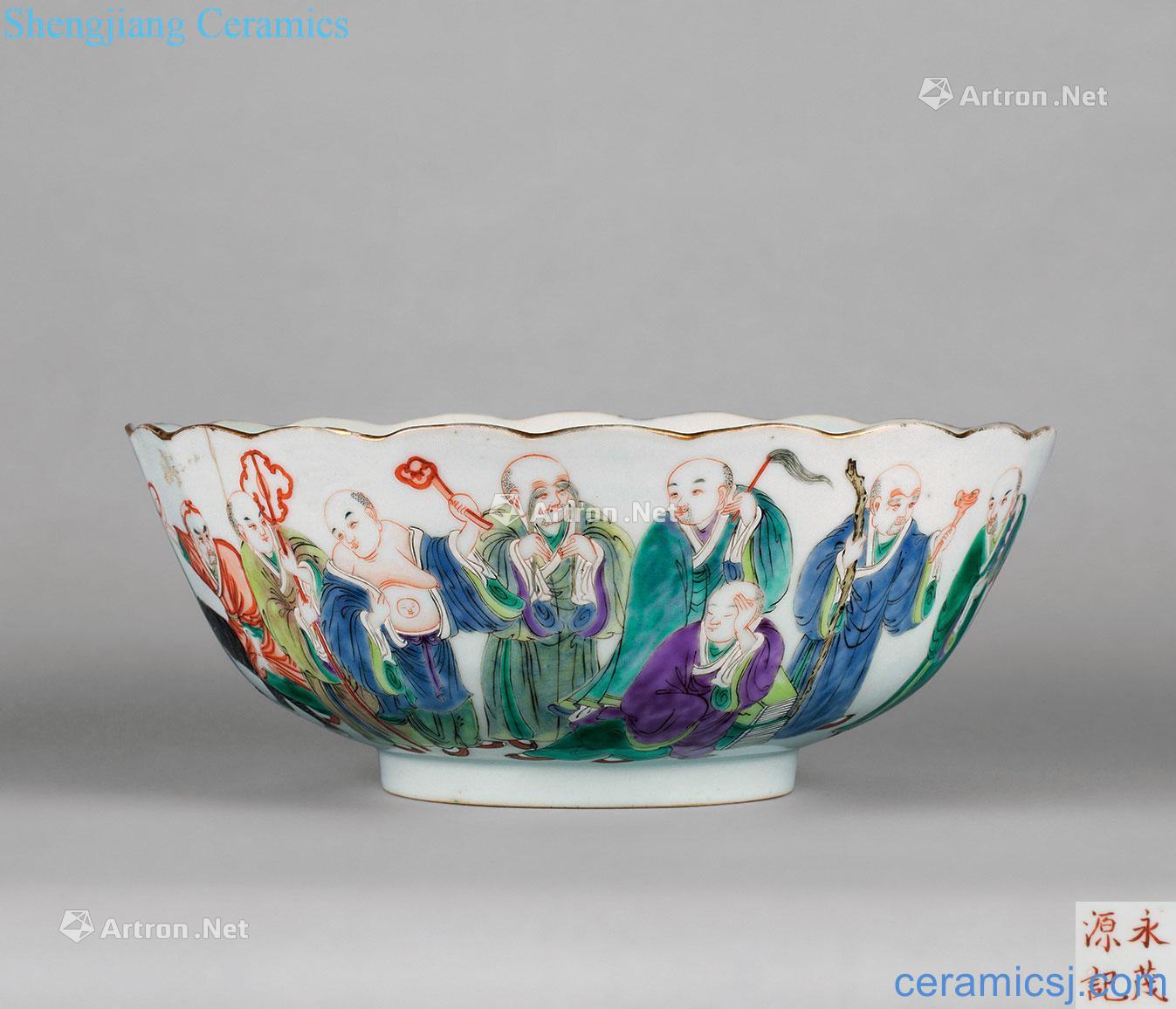 In the qing dynasty eighteen Luo Hanwen pastel flowers mouth bowl