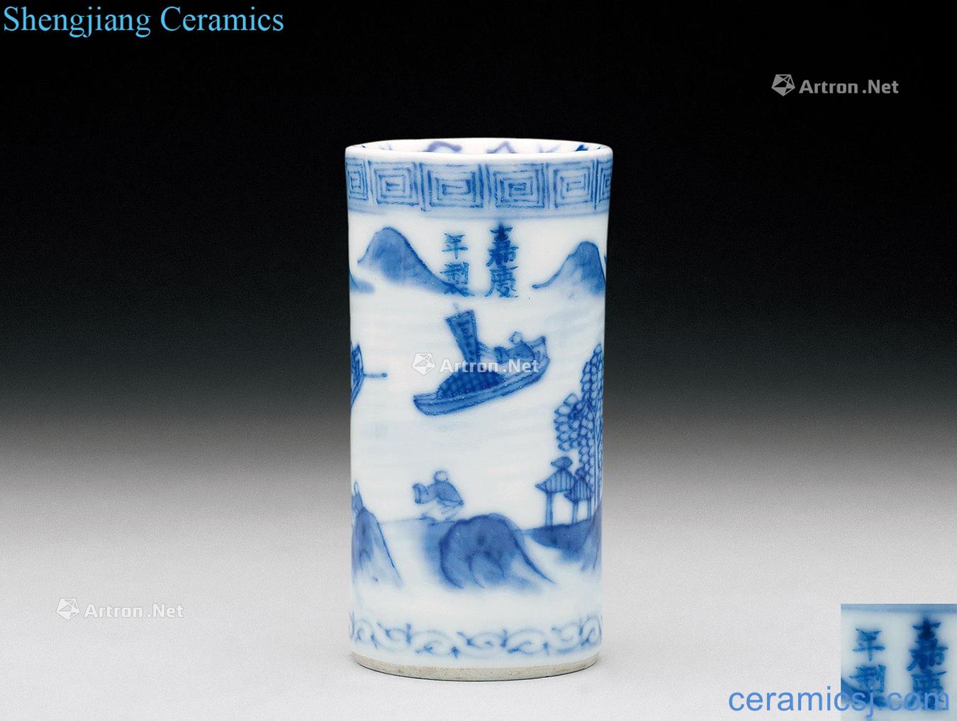 In the qing dynasty Blue and white landscape fishing lines of tea