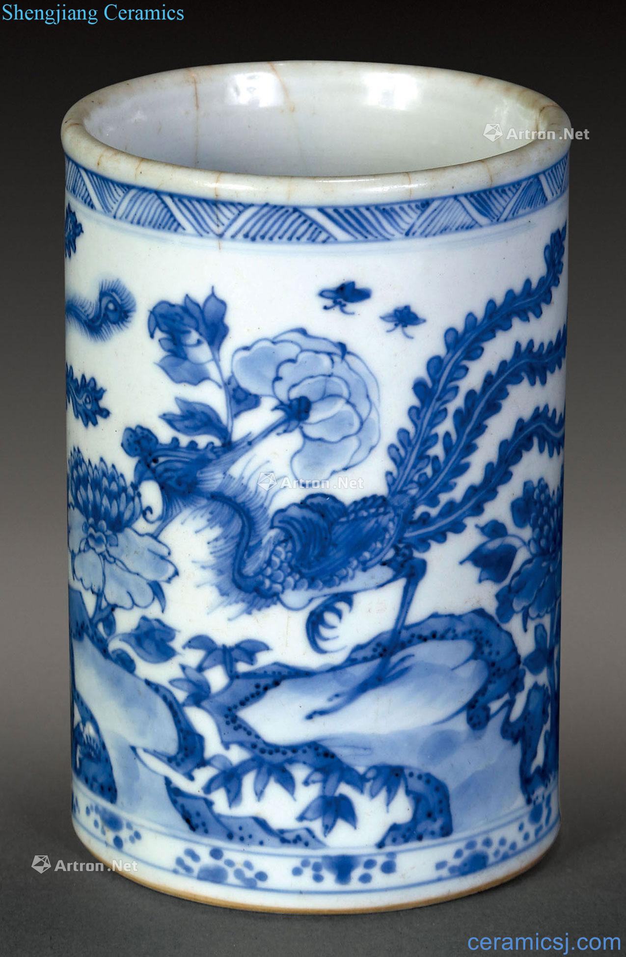 The qing emperor kangxi Blue and white phoenix grain brush pot