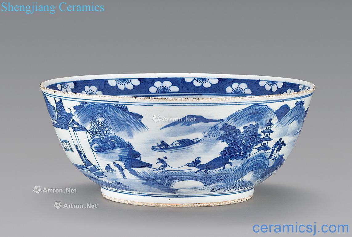 qing Blue and white the fishing qiao geng read grain big bowl