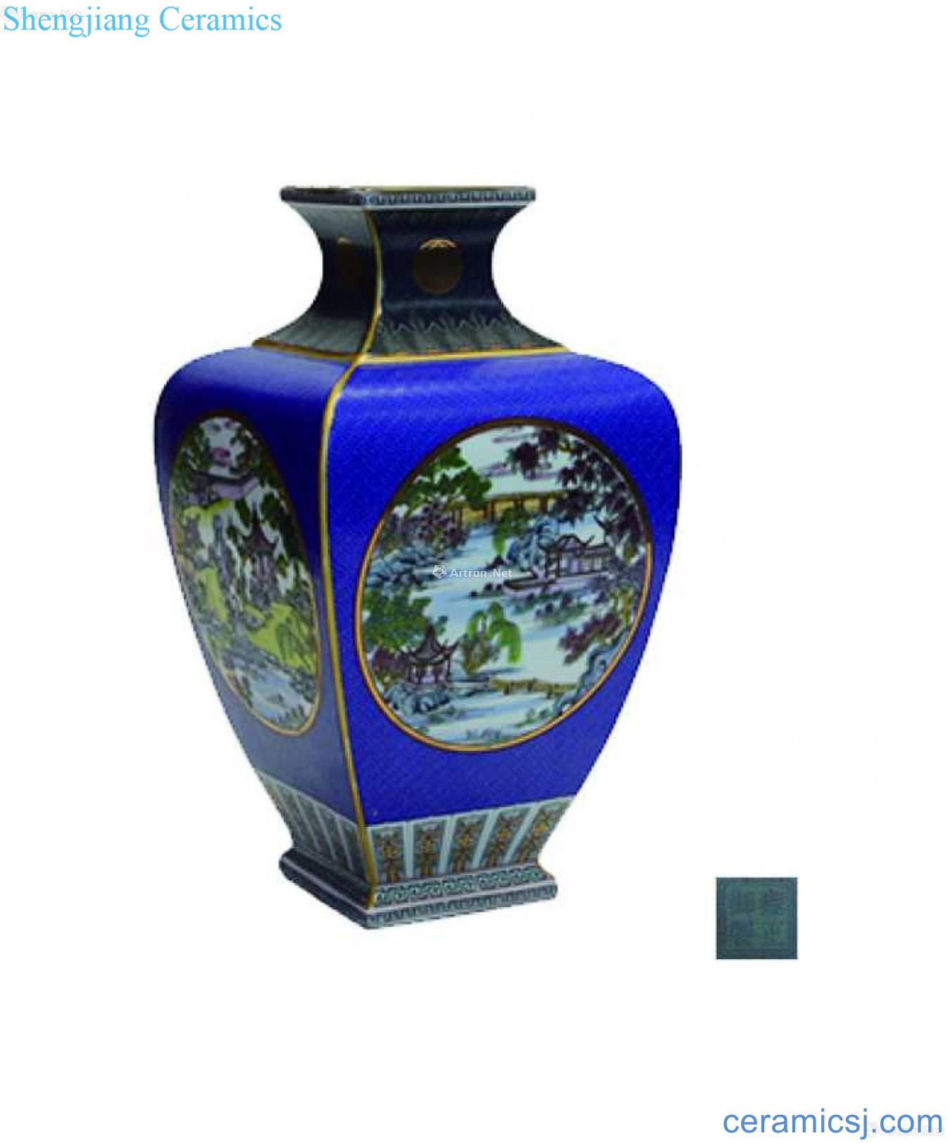 Four edges colored enamel medallion landscape decorative bottle