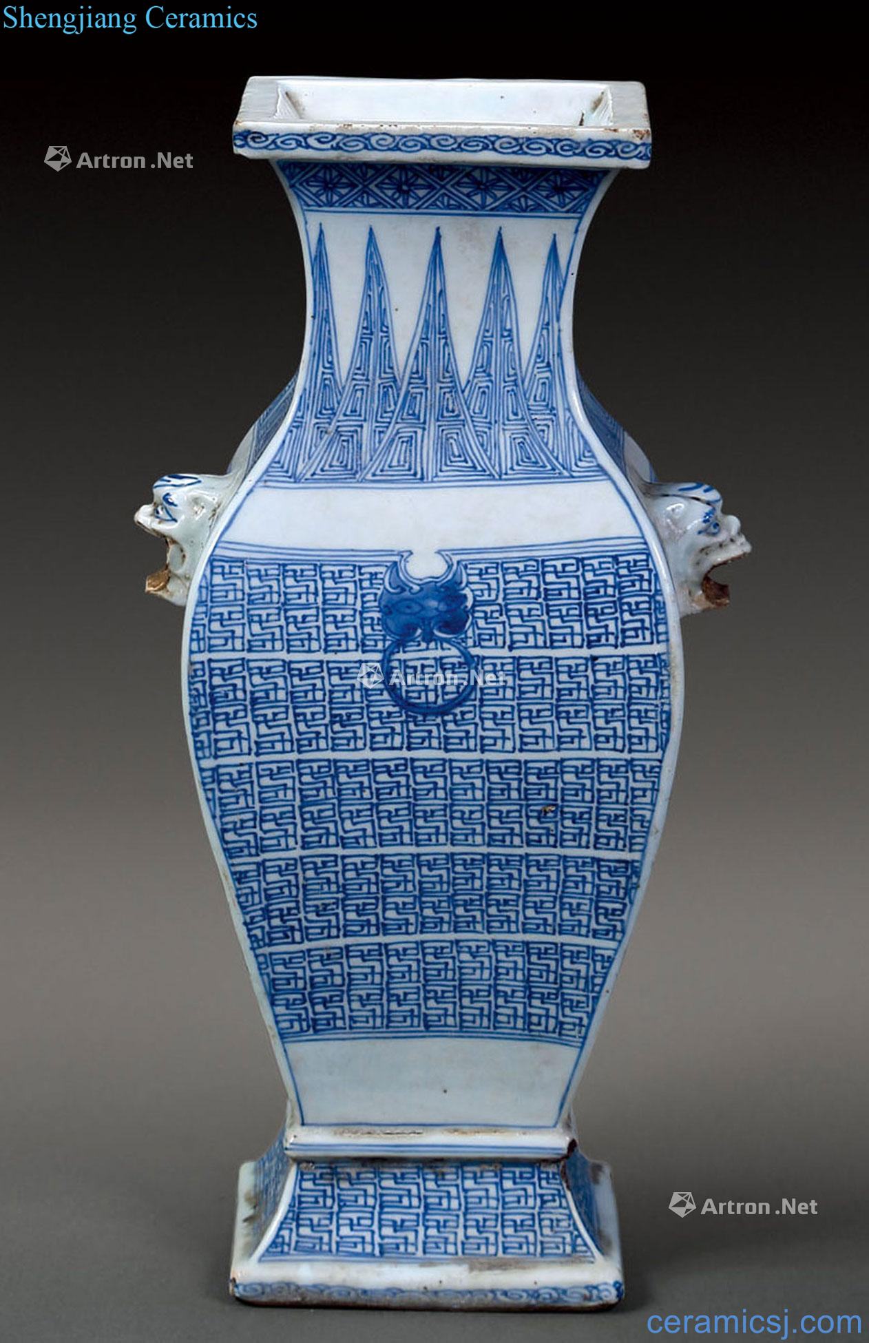 Mid qing Blue and white life of words, double lion ear square bottles