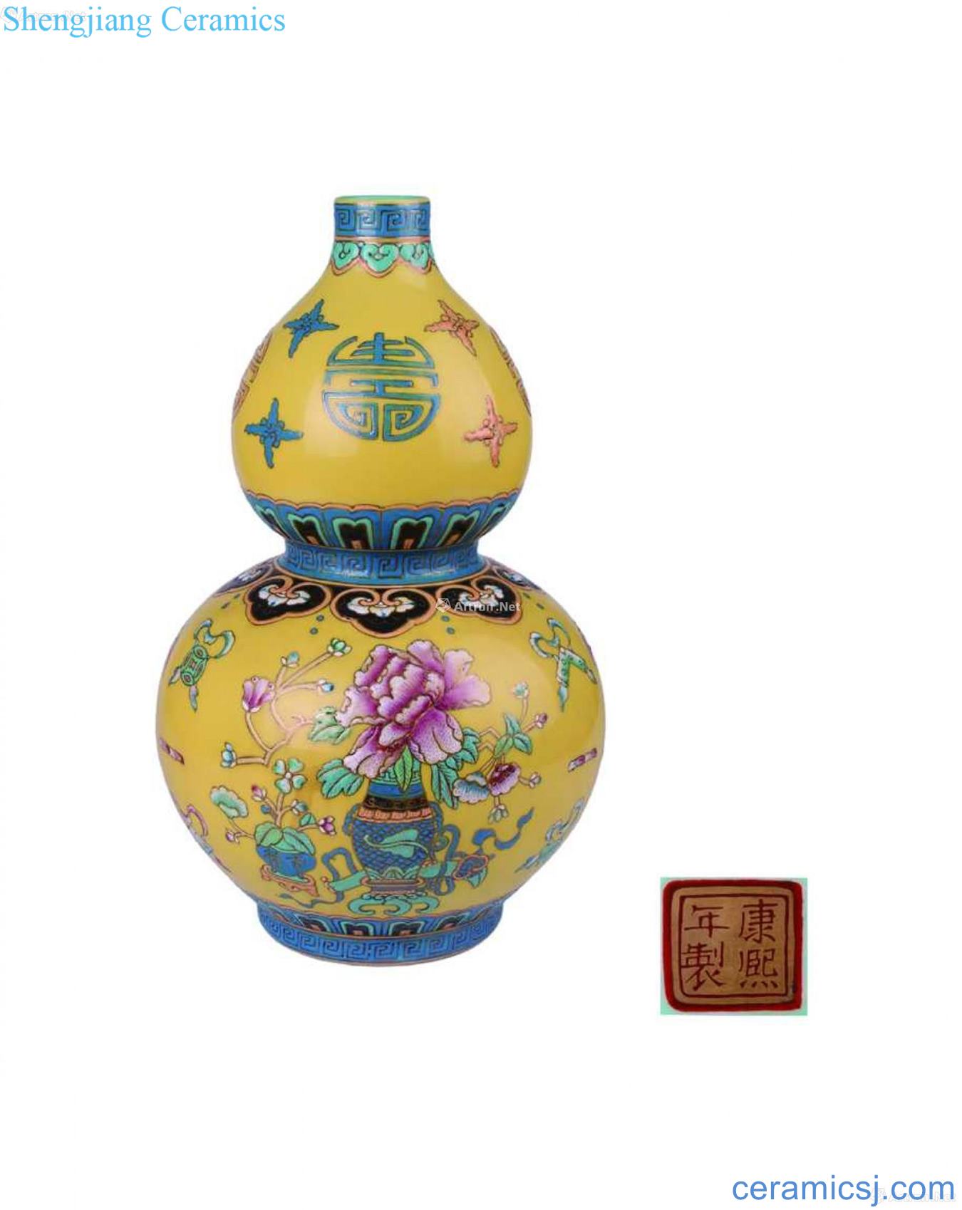 Yellow to enamel paint JiXiangFu lu shou gourd bottle