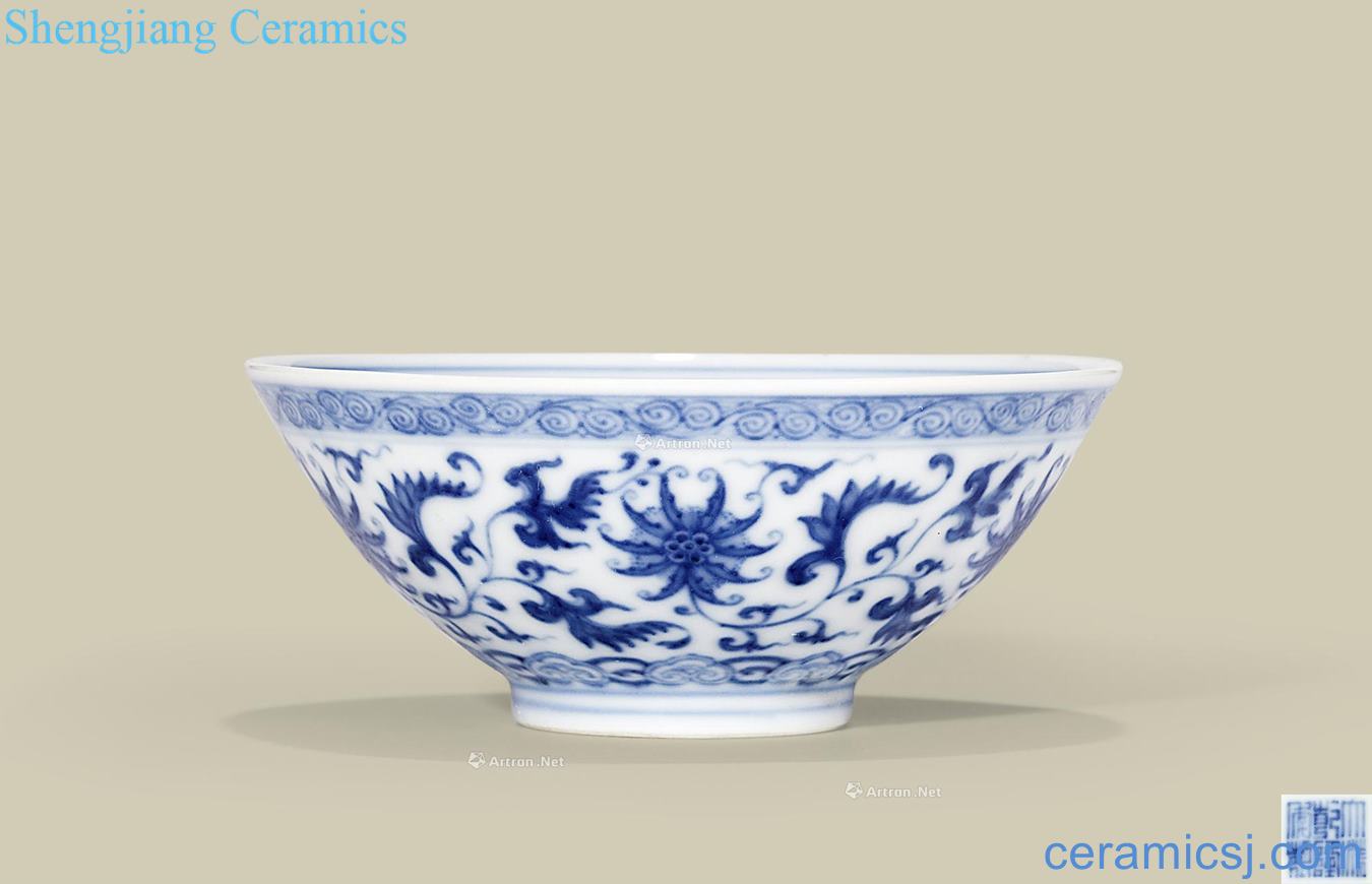 Qing qianlong Blue and white tie up flower grain hat to bowl