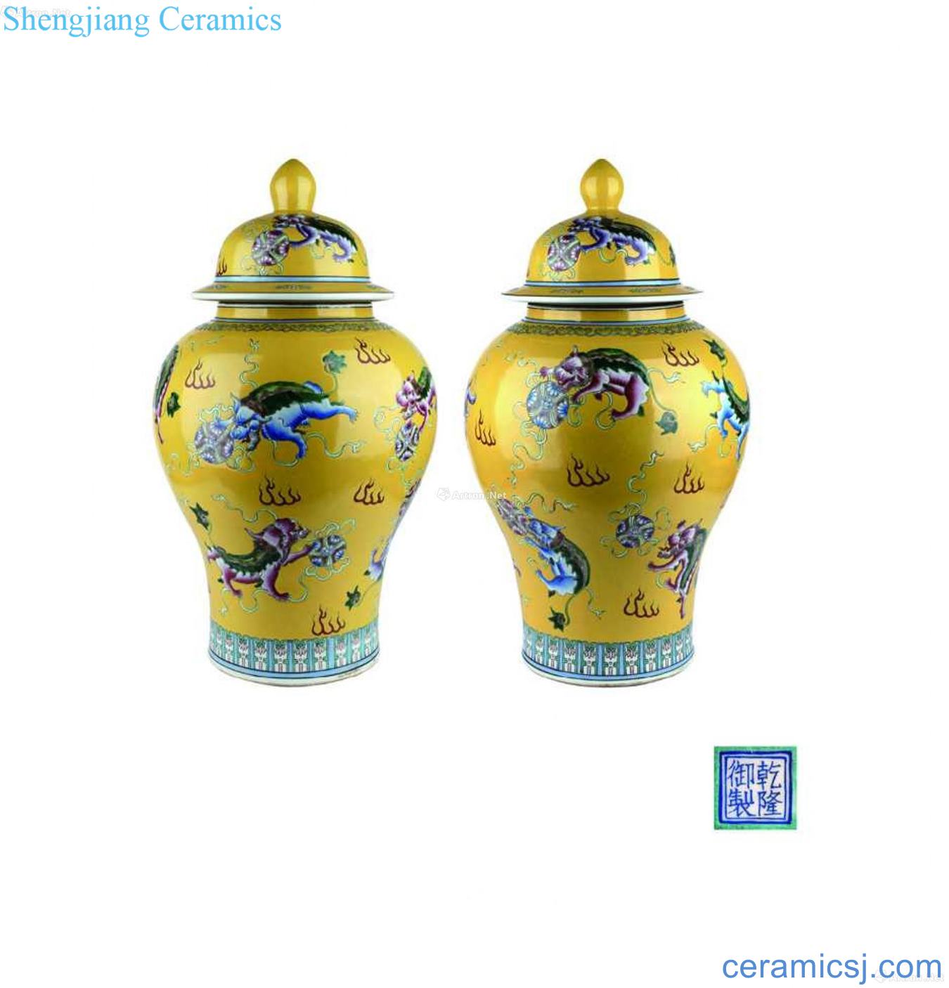 Yellow colored enamel lion as generals, cans