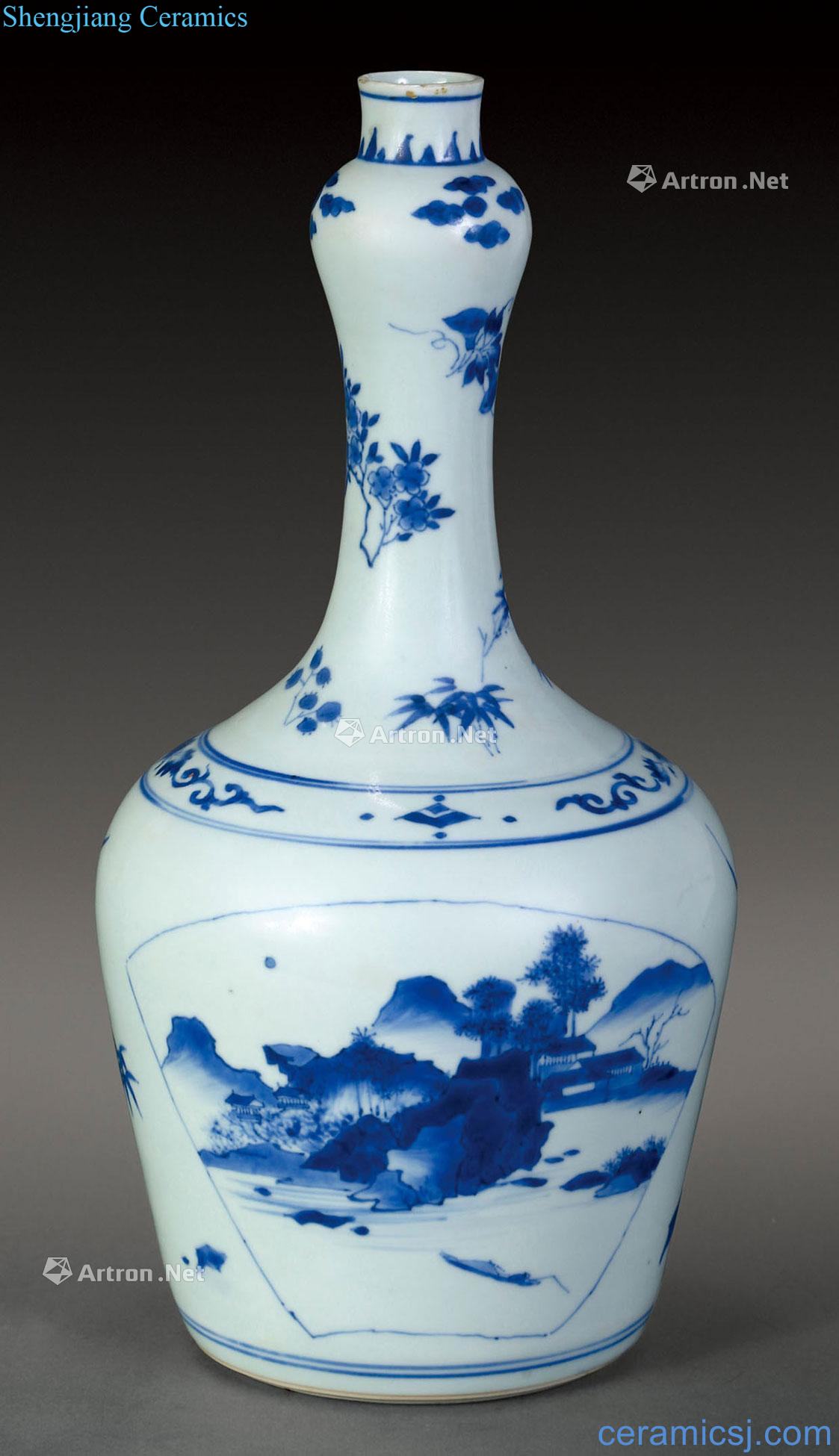 Ming Blue and white medallion landscape garlic bottles