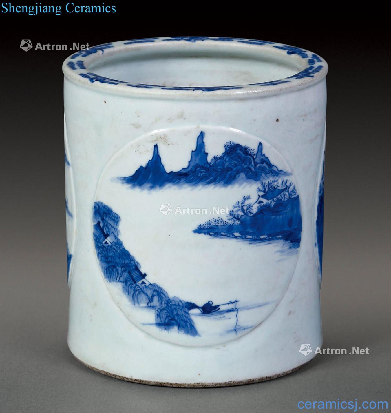 qing Blue and white landscape with medallion brush pot