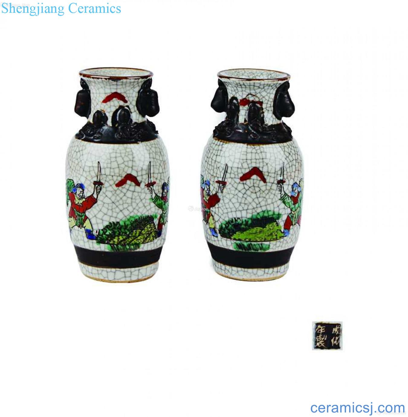 The elder brother of the glaze color knife horse character story lines Double beast ear bottle