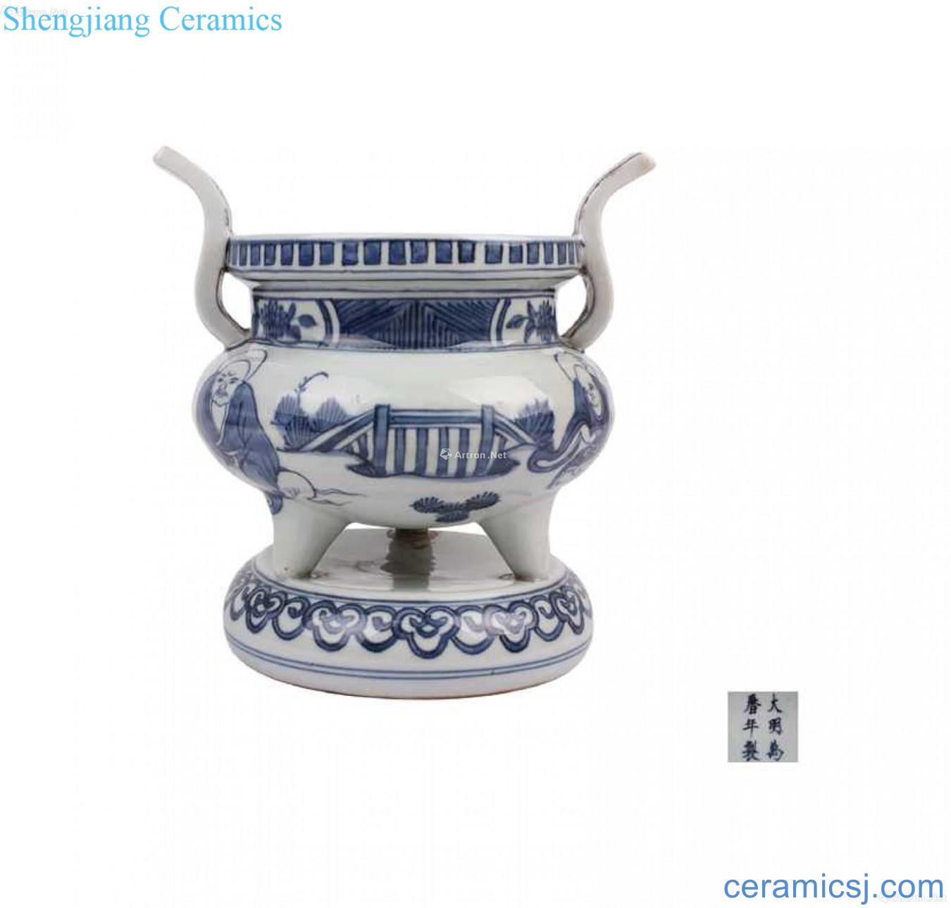 Blue and white Luo Hantu ears three-legged with incense burner
