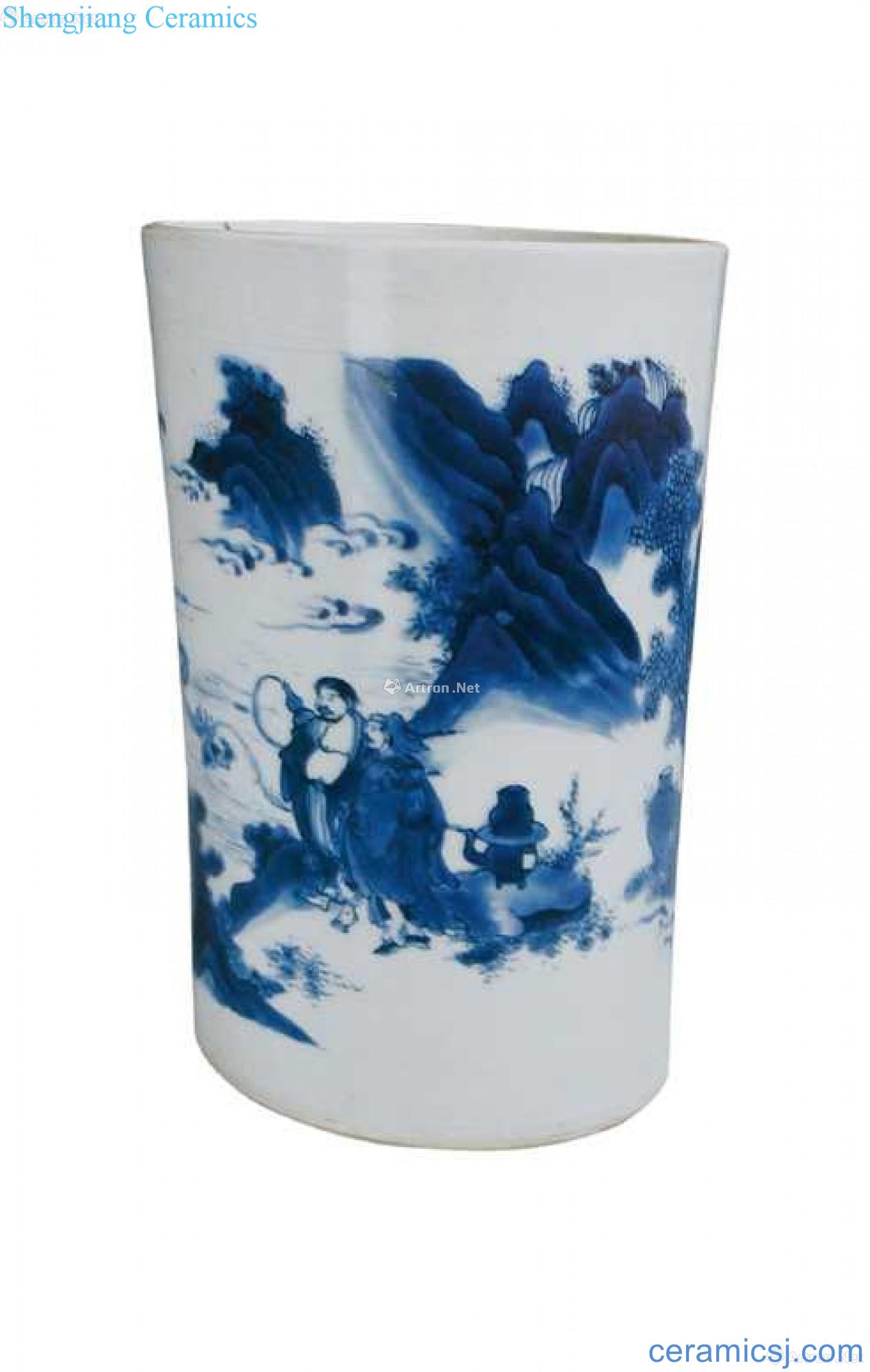 Blue and white landscape character tattoo pen container