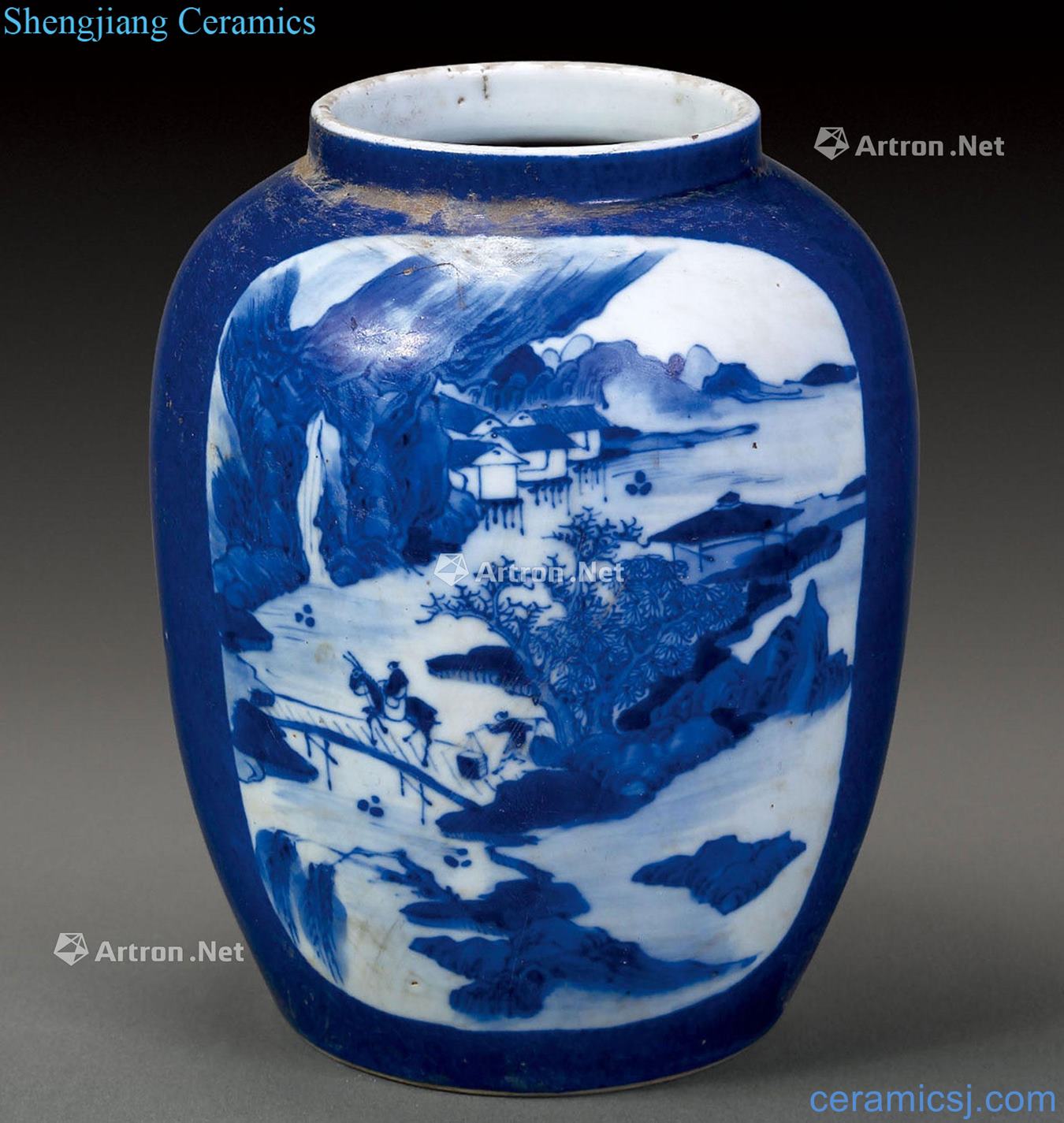 Qing guangxu Blue glaze medallion landscape flower pot