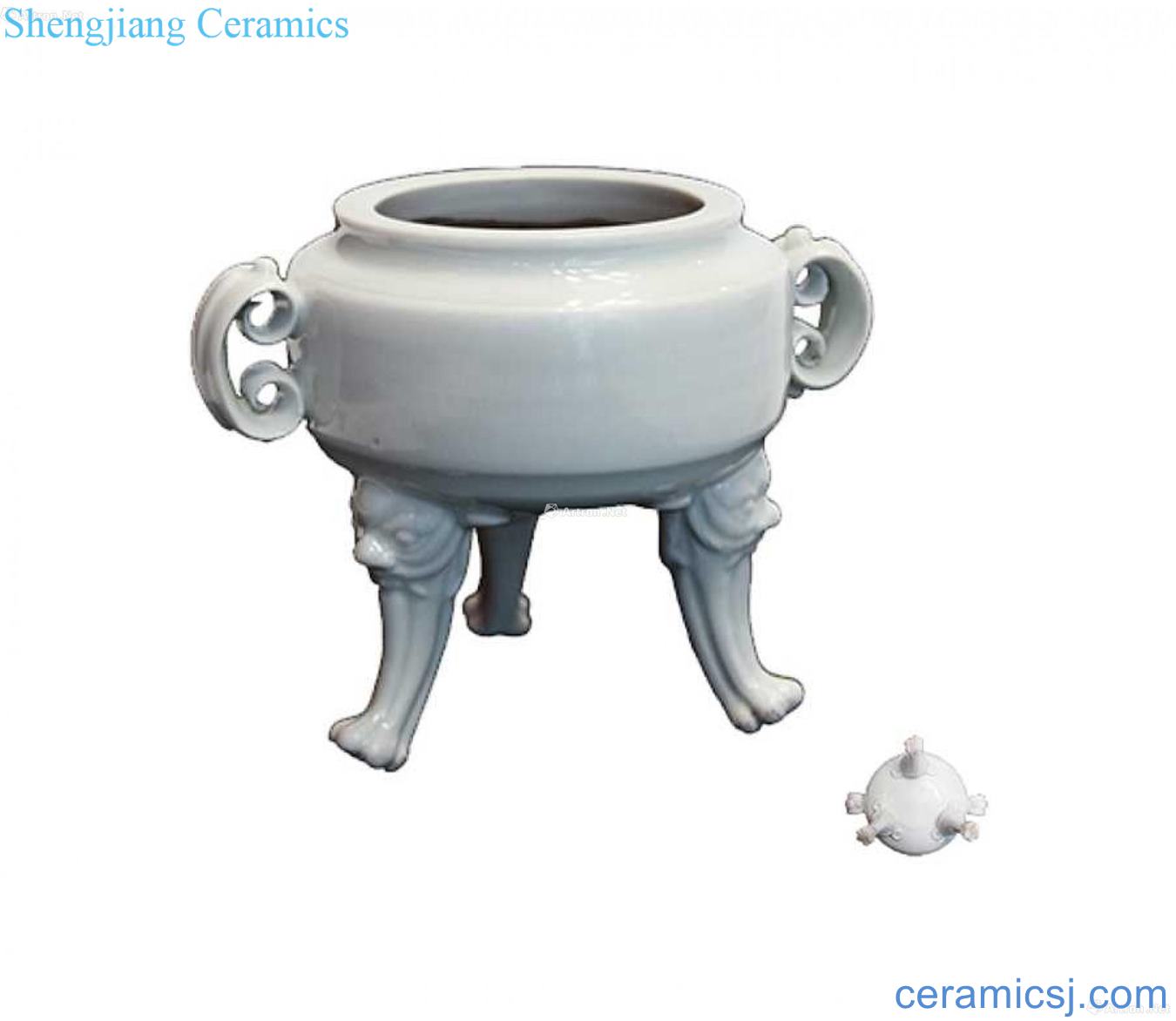 Green white glaze three-legged ears incense burner