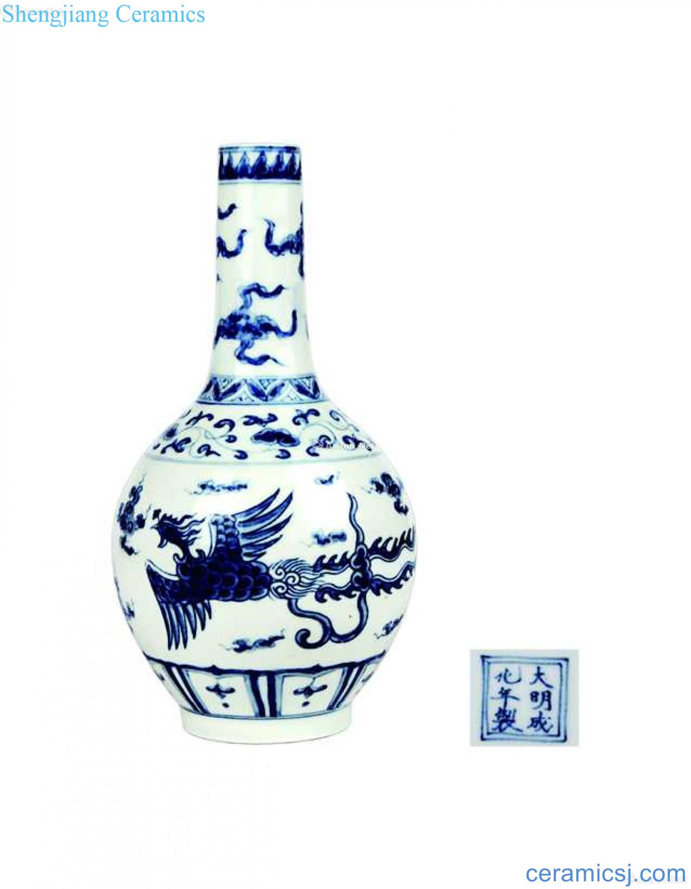Blue and white double phoenix grain straight mouth bottle