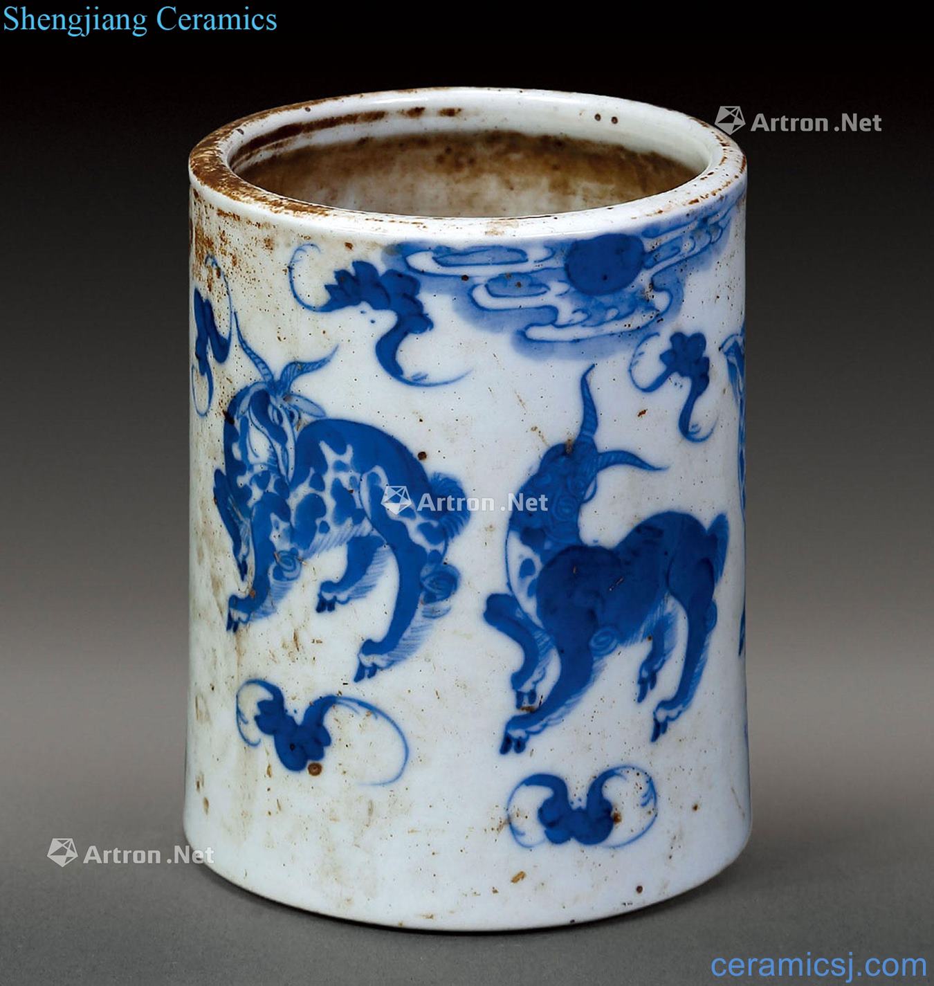 Qing guangxu Blue and white three Yang kaitai pen container