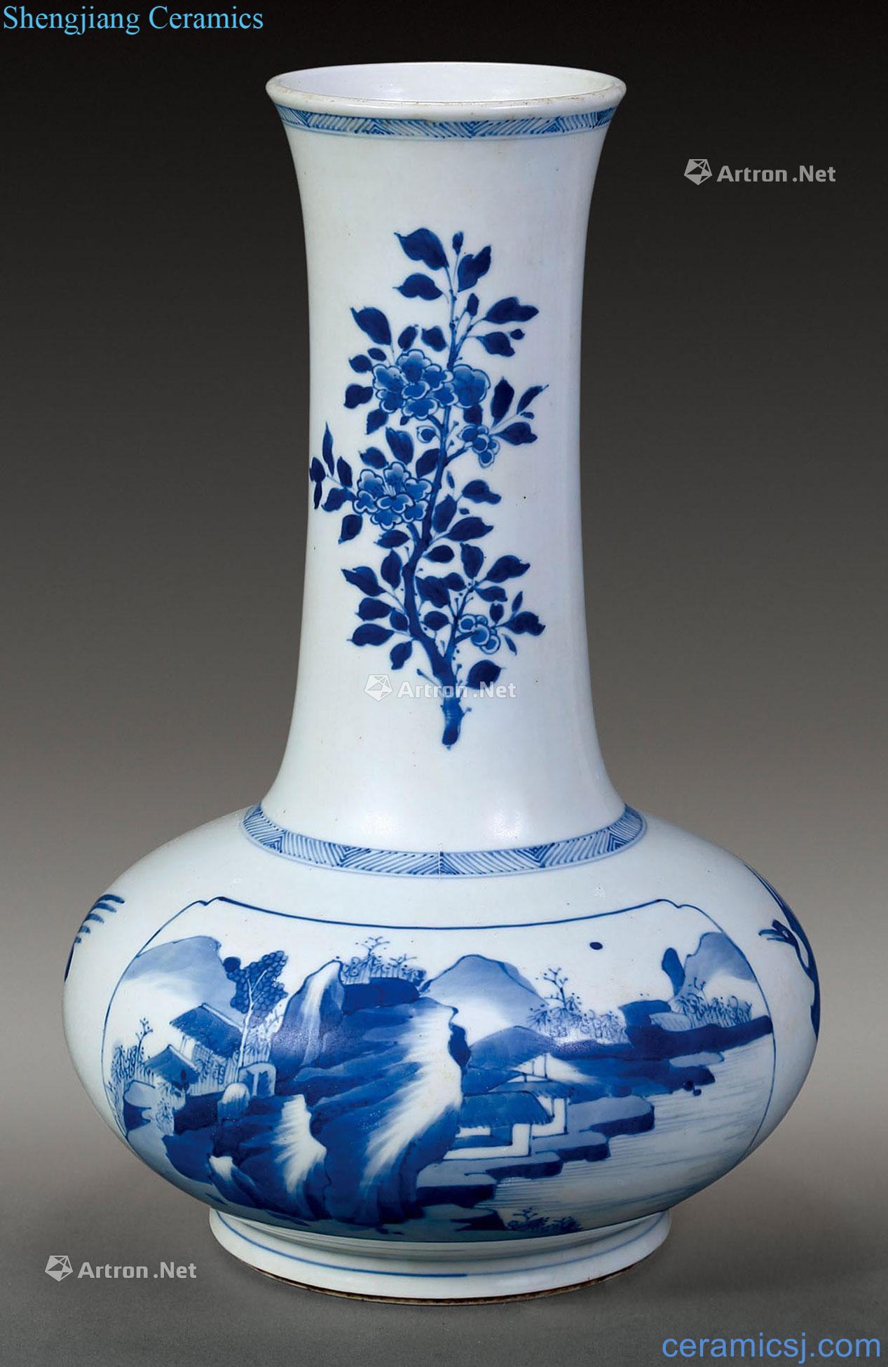 qing Blue and white landscape medallion bottle