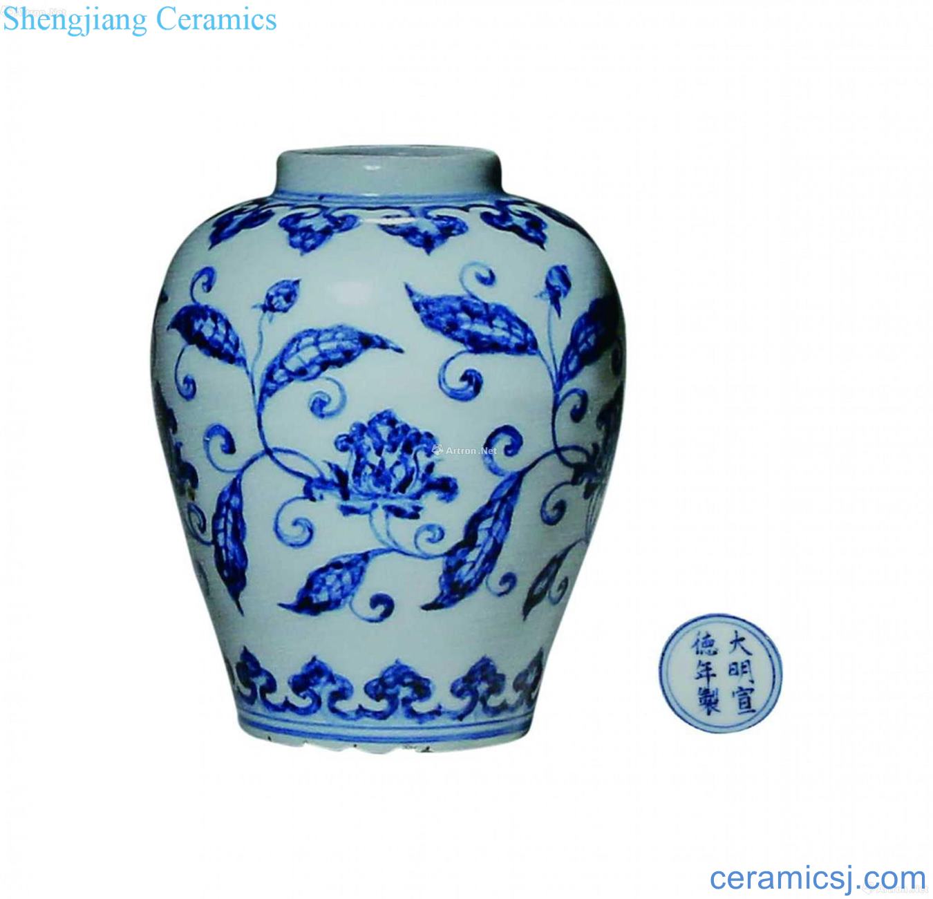 Blue and white peony lines canister