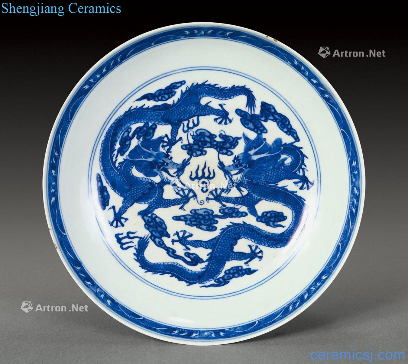 Qing yongzheng Blue and white ssangyong tray
