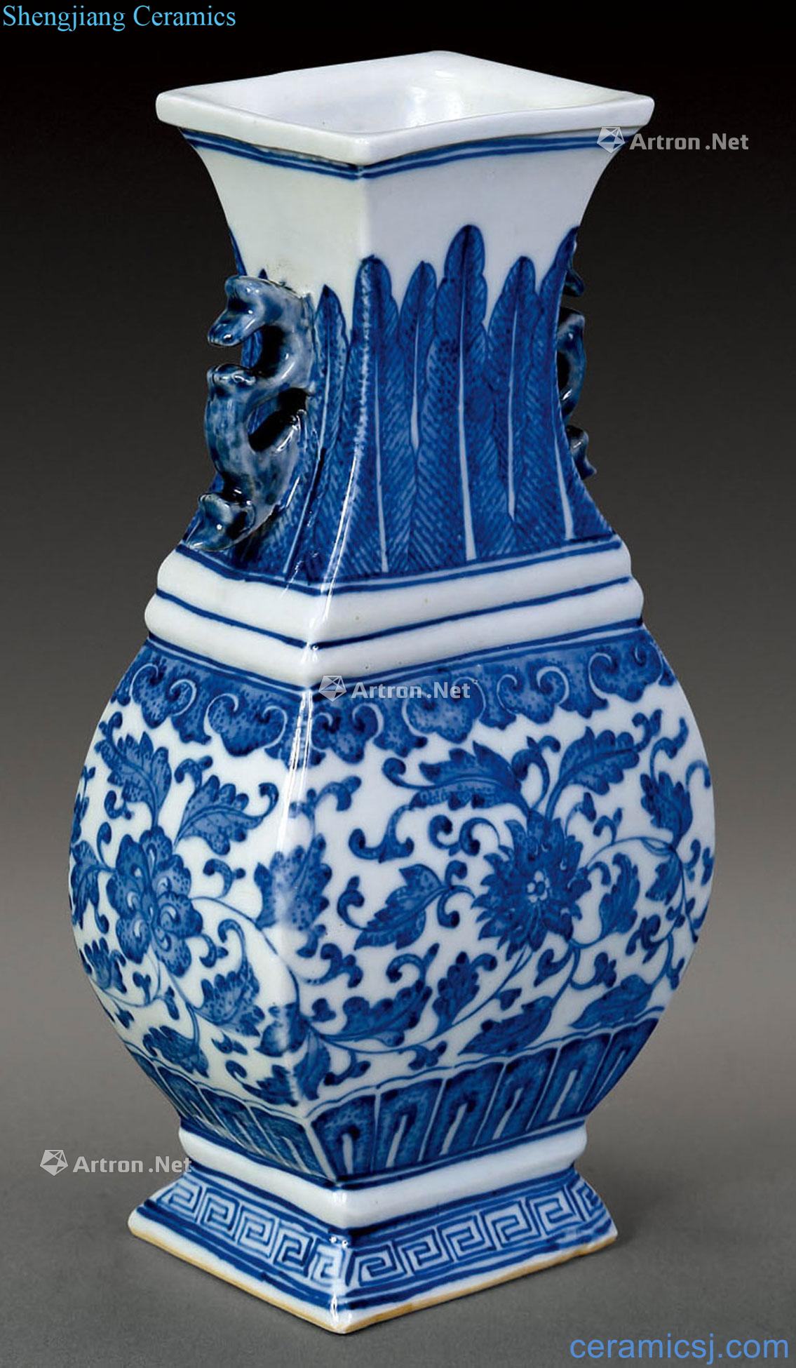 qing Blue and white flower square bottle of my ears