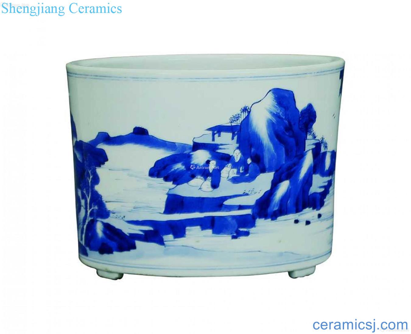 Blue and white landscape character three foot brush pot