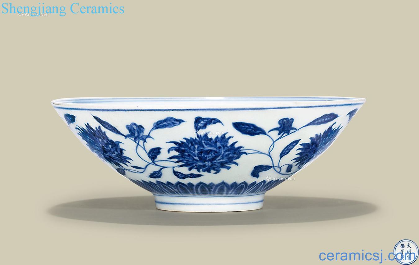Ming xuande blue tie up branch flowers stamps outside inside grain hat to bowl