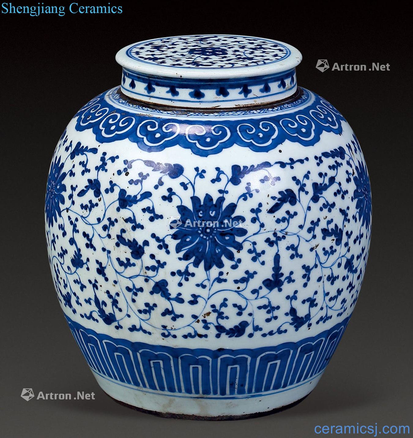 Qing qianlong Blue and white lotus design cover pot flowers