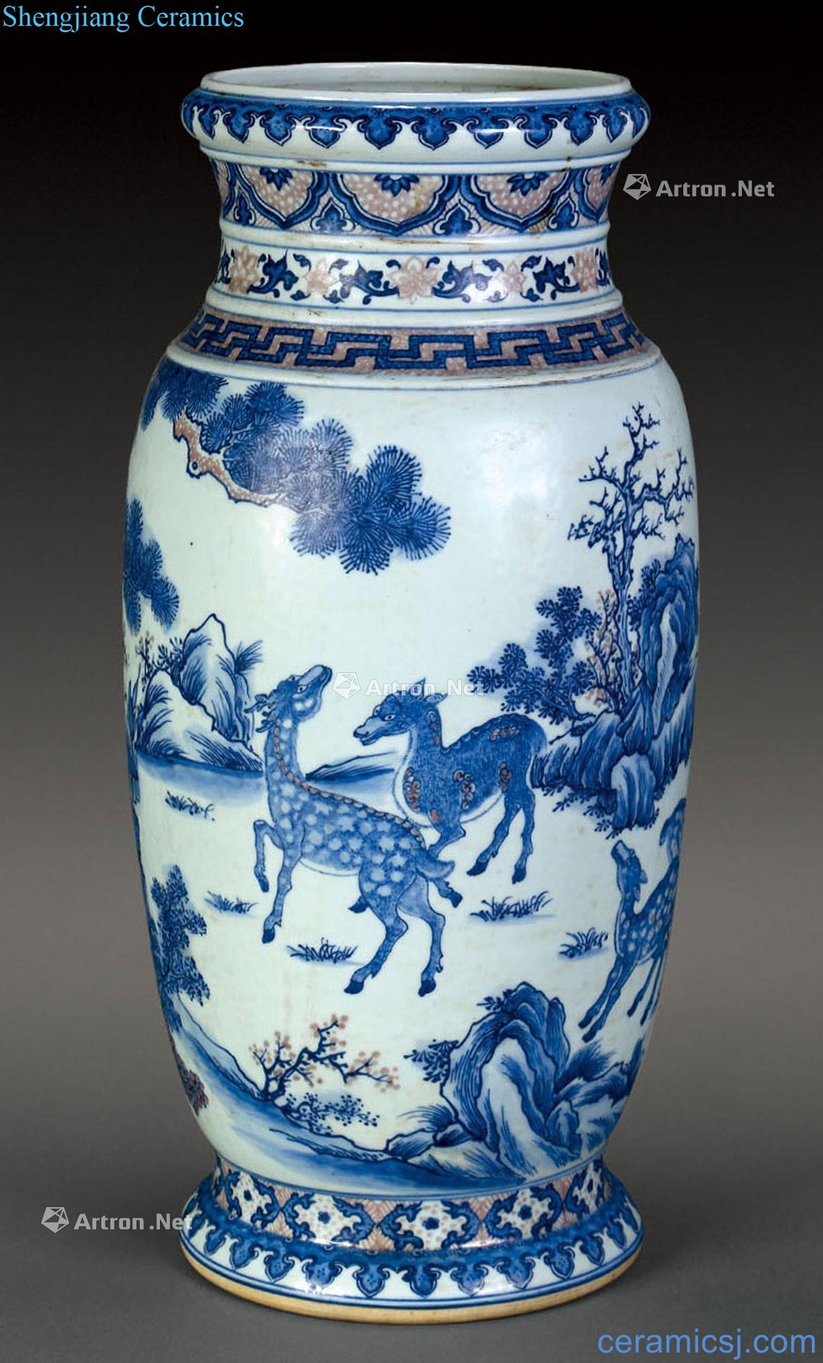 Qing dynasty blue-and-white youligong Korean pine crane live bottle