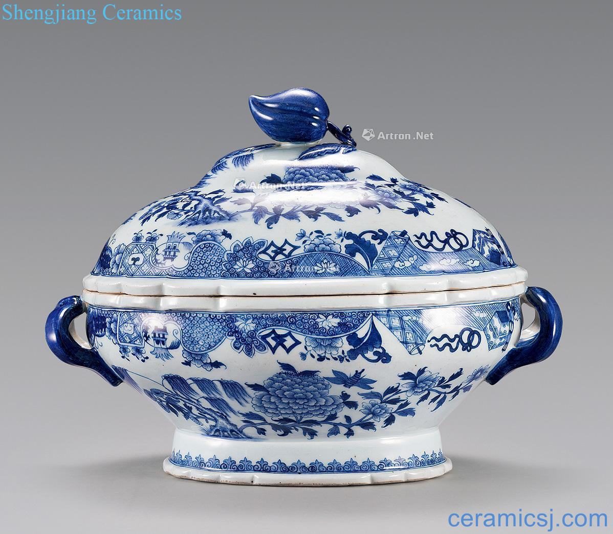 qing Blue and white peony flower grain haitang basin