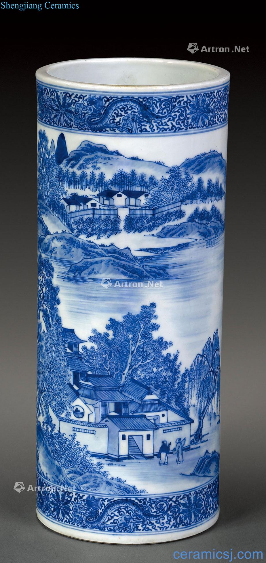 qing Blue and white landscape character cap tube