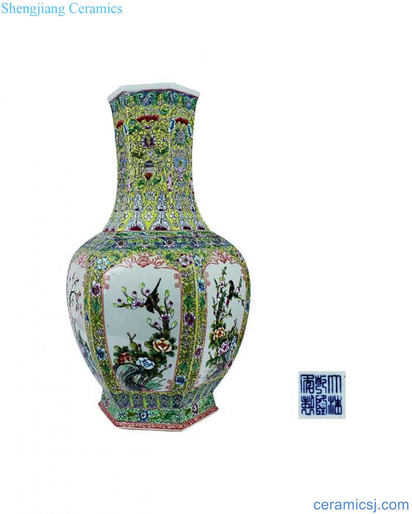 Bottle with six arrises pastel medallion of flowers and birds