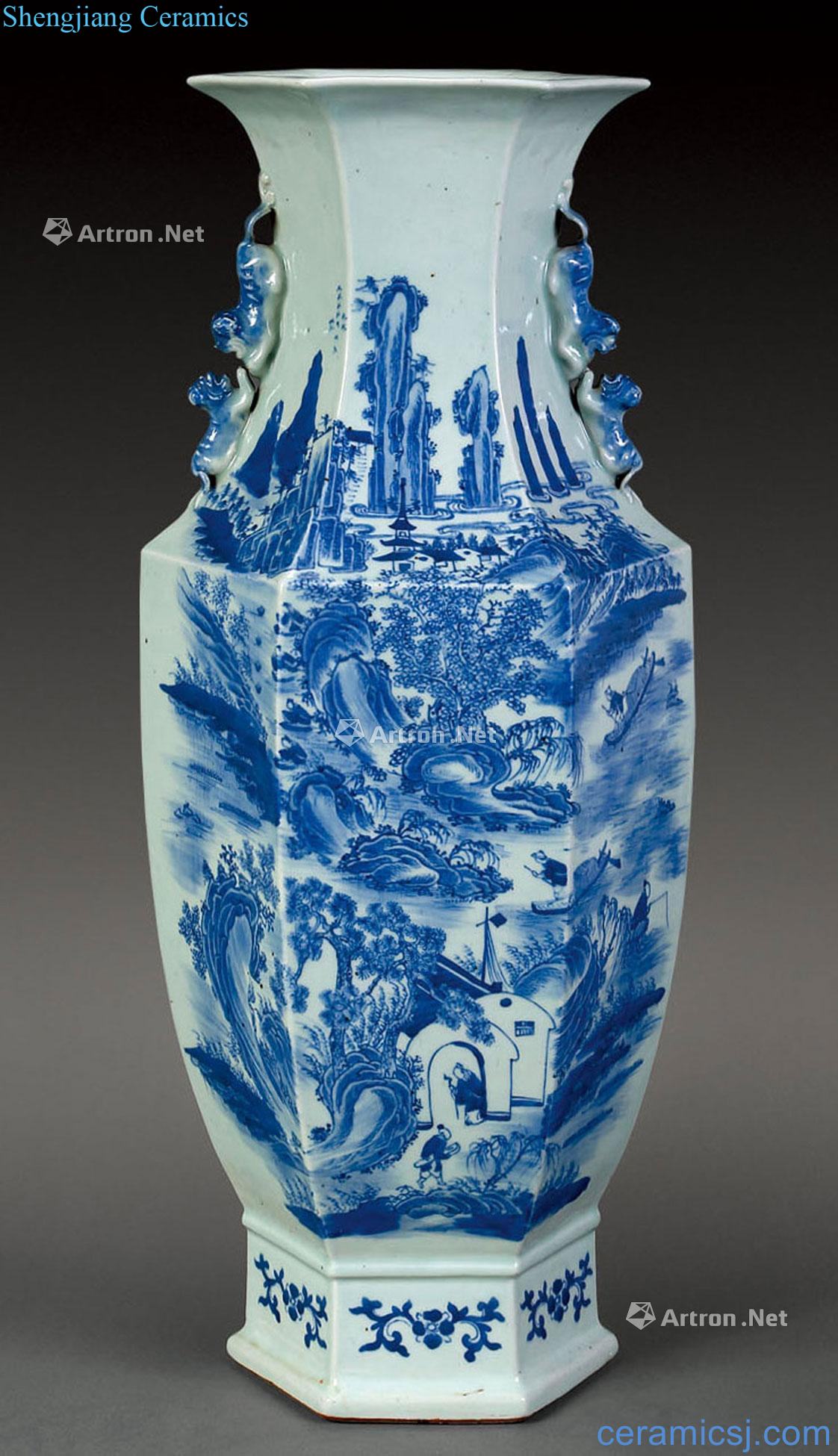 qing Blue and white landscape character lion ear vase