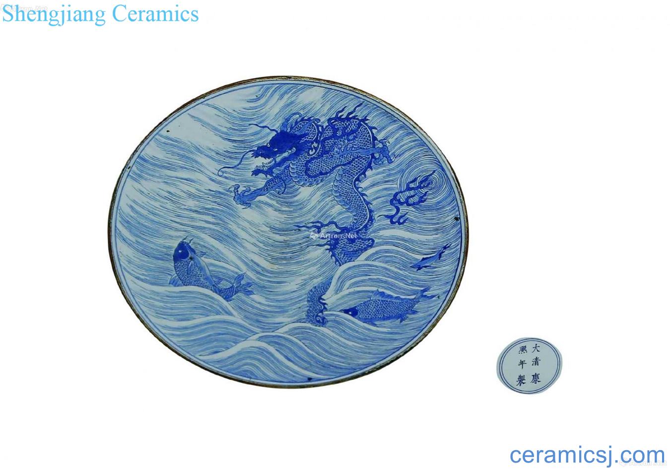 Blue and white fish dragon transform grain porcelain plate